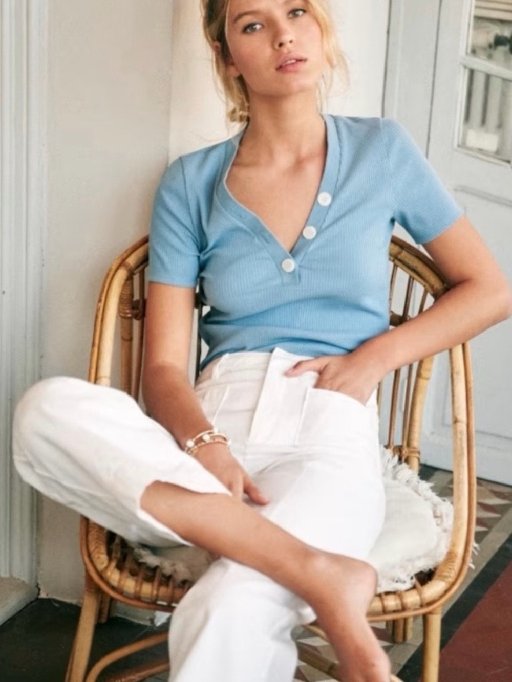 Sezane Maurice Rib Knit V-Neck Short Sleeve T-Shirt Blue Size XS